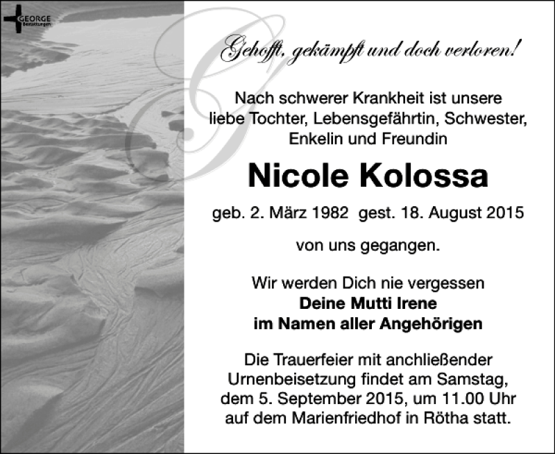  Traueranzeige für Nicole Kolossa vom 29.08.2015 aus Leipziger Volkszeitung