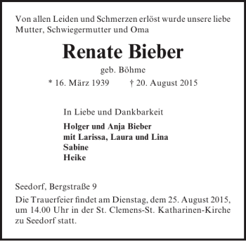 Traueranzeige von Renate Bieber von Lübecker Nachrichten
