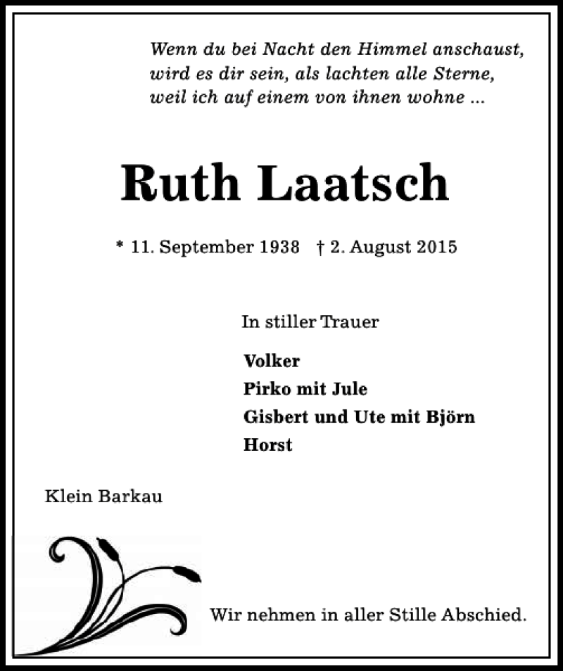  Traueranzeige für Ruth Laatsch vom 08.08.2015 aus Kieler Nachrichten / Segeberger Zeitung