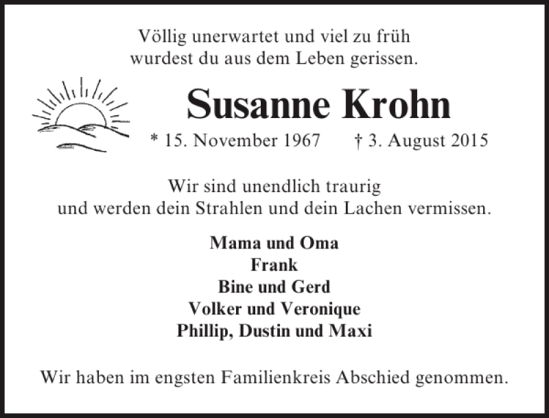  Traueranzeige für Susanne Krohn vom 16.08.2015 aus Lübecker Nachrichten