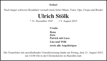 Traueranzeige von Ulrich Stölk von Lübecker Nachrichten