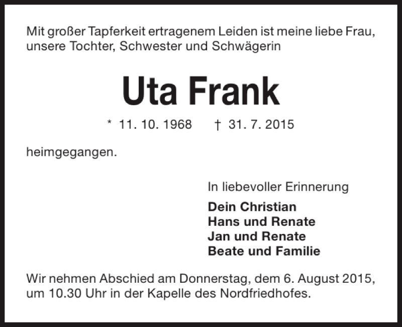  Traueranzeige für Uta Frank vom 05.08.2015 aus Kieler Nachrichten / Segeberger Zeitung