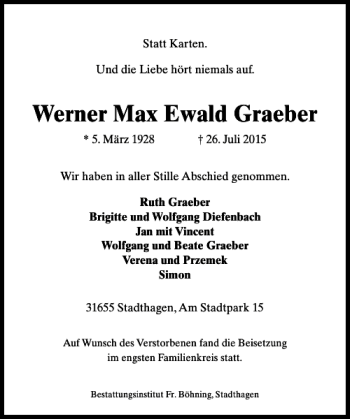 Traueranzeige von Werner max ewald graeber von Schaumburger Nachrichten
