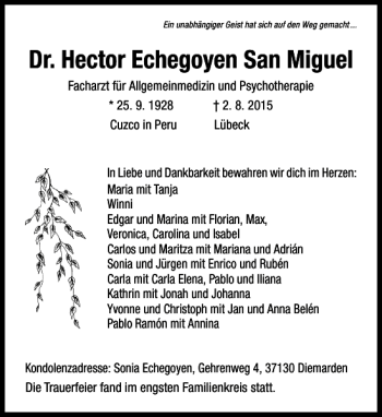Traueranzeige von dr. hector San miguel von Göttinger Tageblatt
