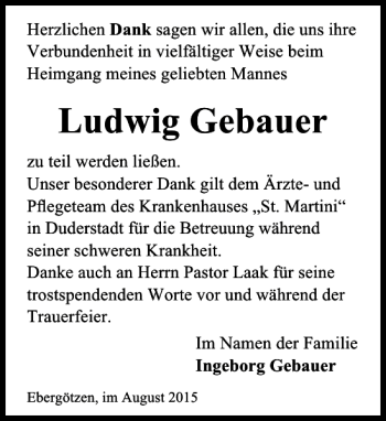 Traueranzeige von ludwig Gebauer von Göttinger Tageblatt
