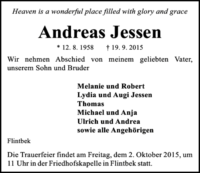  Traueranzeige für Andreas Jessen vom 26.09.2015 aus Kieler Nachrichten / Segeberger Zeitung