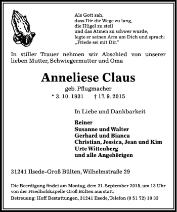Traueranzeige von Anneliese Claus von Peiner Allgemeine Zeitung