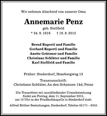 Traueranzeige von Annemarie Penz von Peiner Allgemeine Zeitung