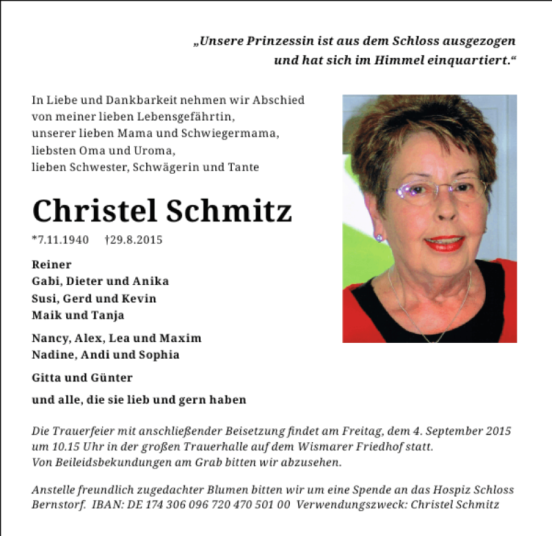  Traueranzeige für Christel Schmitz vom 02.09.2015 aus Ostsee-Zeitung