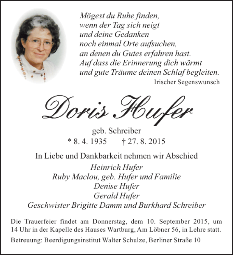  Traueranzeige für Doris Hufer vom 03.09.2015 aus Aller Zeitung / Wolfsburger Allgemeine