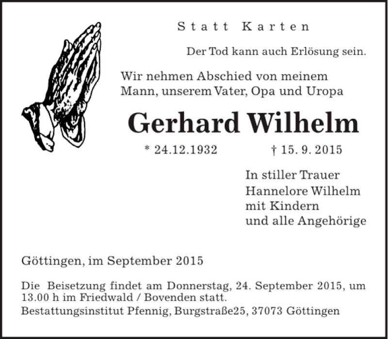 Traueranzeigen von Gerhard Wilhelm traueranzeigen.de