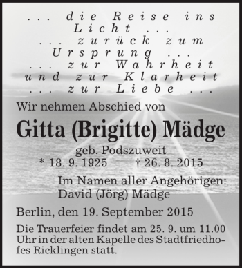 Traueranzeige von Gitta (Brigitte) Mädge von HAZ/NP