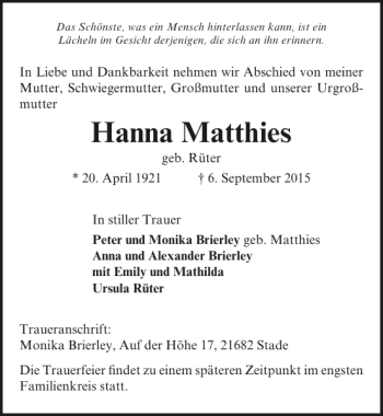Traueranzeige von Hanna Matthies von Lübecker Nachrichten