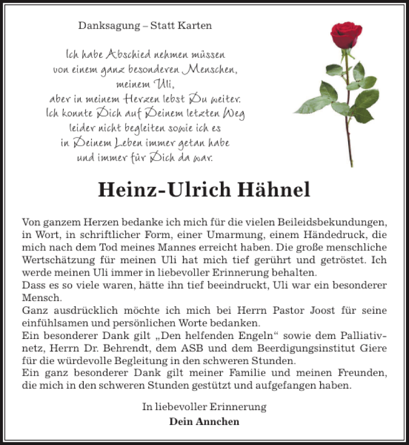  Traueranzeige für Heinz-ulrich Hähnel vom 19.09.2015 aus Peiner Allgemeine Zeitung