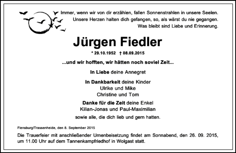  Traueranzeige für Jürgen Fiedler vom 12.09.2015 aus Ostsee-Zeitung