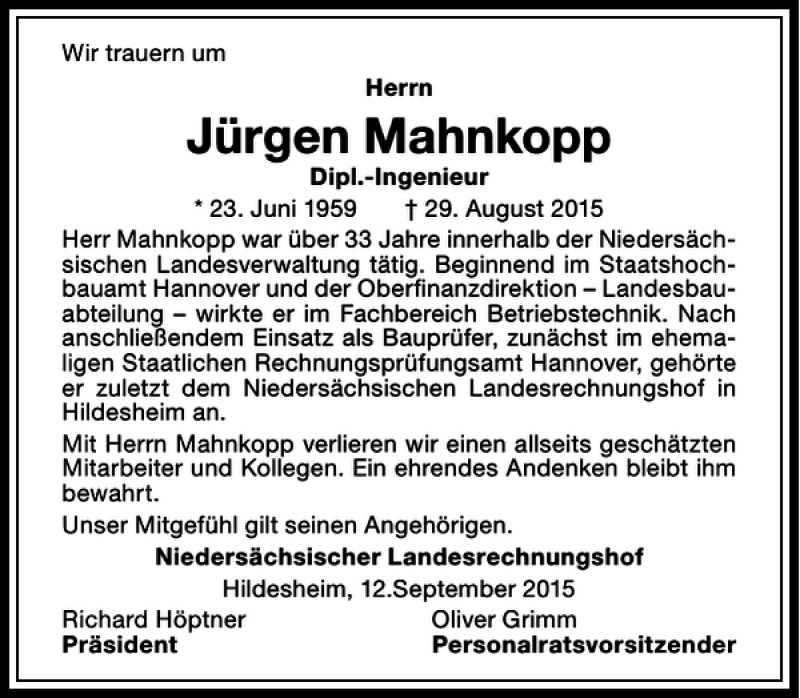  Traueranzeige für Jürgen Mahnkopp vom 12.09.2015 aus HAZ/NP