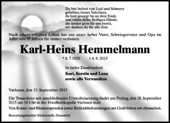 Traueranzeige von Karl-Heins Hemmelmann von Göttinger Tageblatt