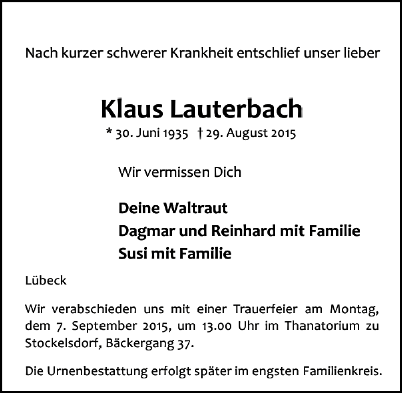  Traueranzeige für Klaus Lauterbach vom 06.09.2015 aus Lübecker Nachrichten