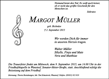 Traueranzeige von Margot Müller von HAZ/NP