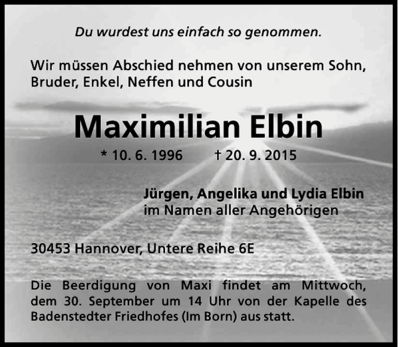  Traueranzeige für Maximilian Elbin vom 26.09.2015 aus HAZ/NP