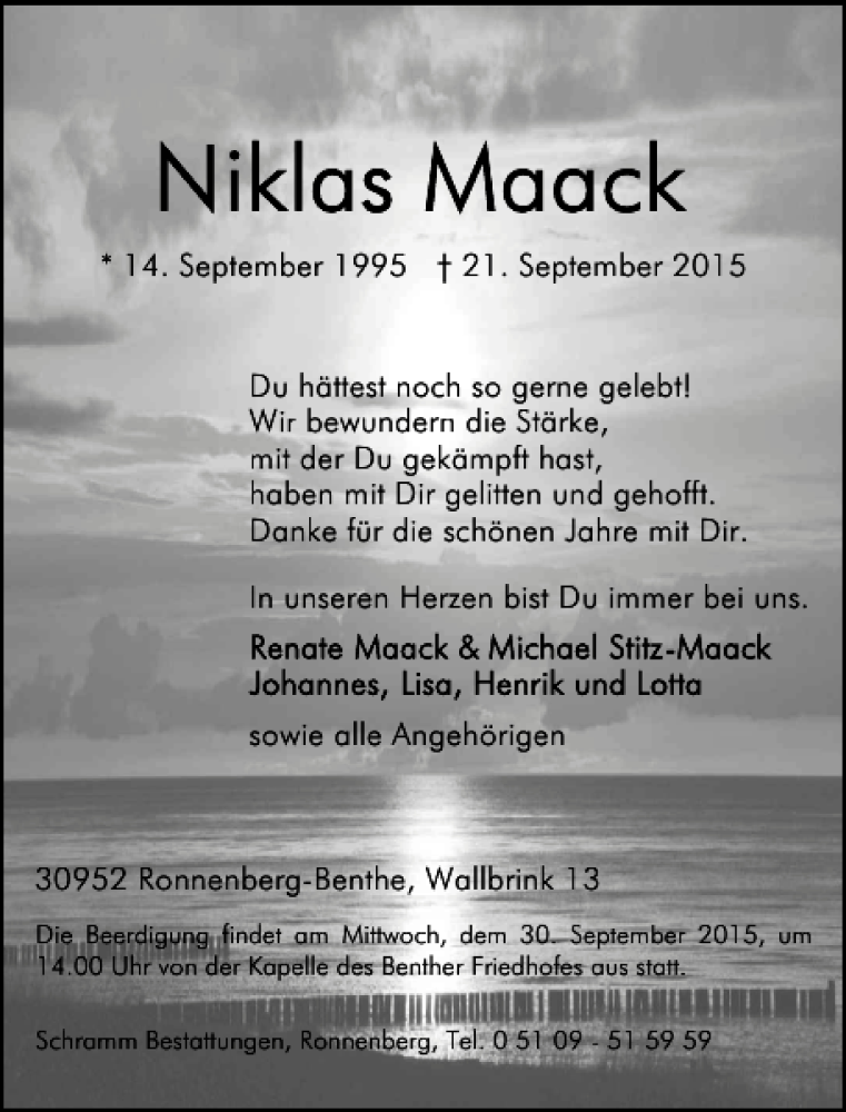  Traueranzeige für Niklas Maack vom 26.09.2015 aus HAZ/NP