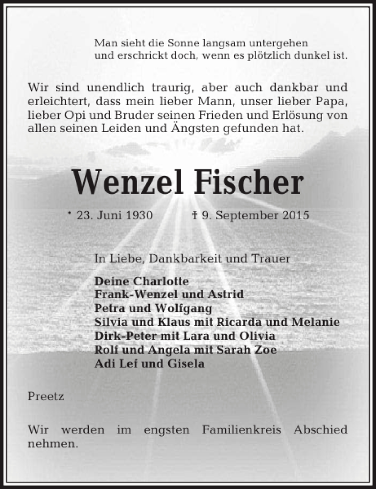  Traueranzeige für Wenzel Fischer vom 12.09.2015 aus Kieler Nachrichten / Segeberger Zeitung