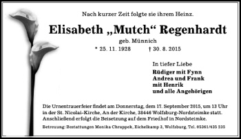 Traueranzeige von elisabeth Regenhardt von Aller Zeitung / Wolfsburger Allgemeine