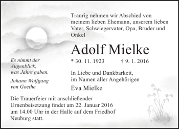 Traueranzeige von Adolf Mielke von Ostsee-Zeitung