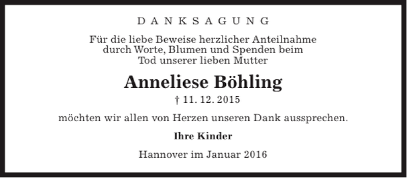  Traueranzeige für Anneliese Böhling vom 23.01.2016 aus HAZ/NP