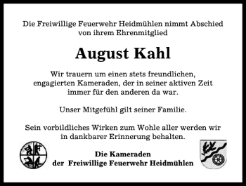 Traueranzeige von August Kahl von Kieler Nachrichten / Segeberger Zeitung