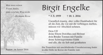 Traueranzeige von Birgit Engelke von Ostsee-Zeitung