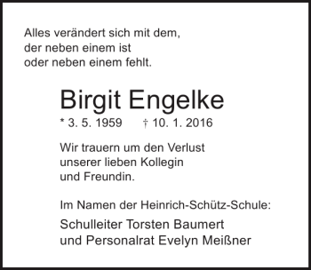 Traueranzeige von Birgit Engelke von Ostsee-Zeitung