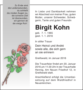 Traueranzeige von Birgit Kohn von Ostsee-Zeitung