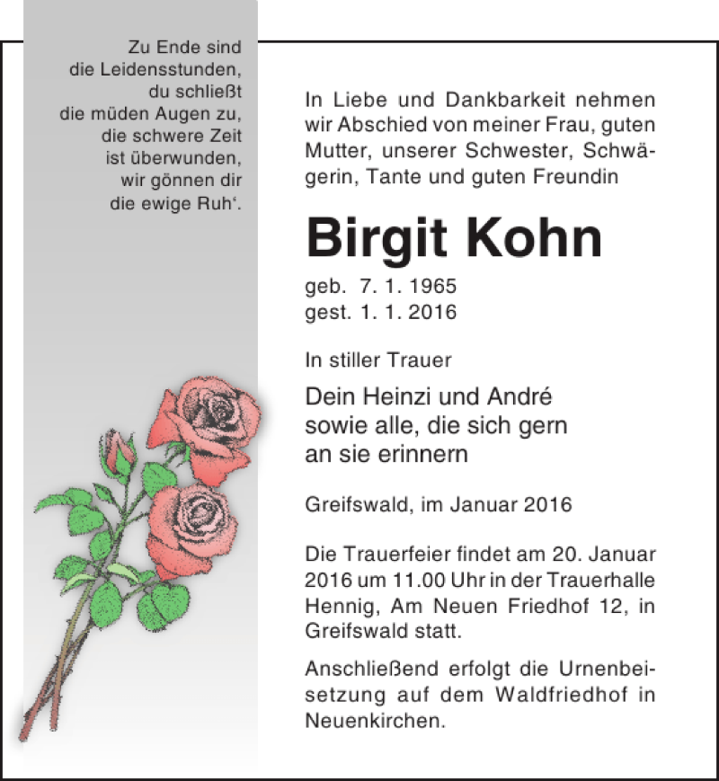  Traueranzeige für Birgit Kohn vom 09.01.2016 aus Ostsee-Zeitung