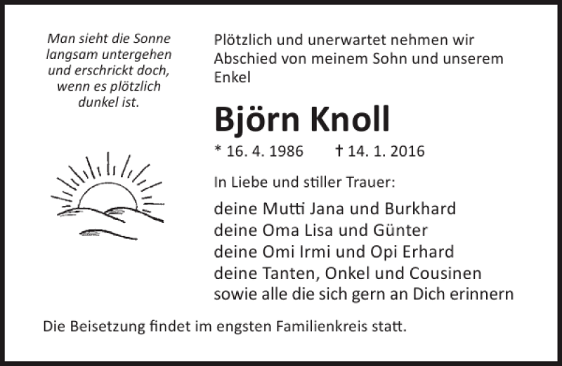  Traueranzeige für Björn Knoll vom 23.01.2016 aus Ostsee-Zeitung