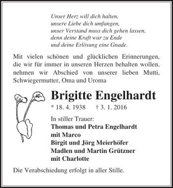 Traueranzeige von Brigitte Engelhardt von Ostsee-Zeitung
