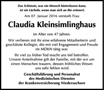 Traueranzeige von Claudia Kleinsimlinghaus von HAZ/NP