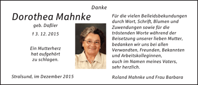  Traueranzeige für Dorothea Mahnke vom 02.01.2016 aus Ostsee-Zeitung