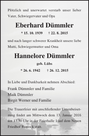Traueranzeige von Eberhard Dümmler Hannelore Dümmler von Ostsee-Zeitung