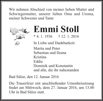 Traueranzeige von Emmi Stoll von Ostsee-Zeitung