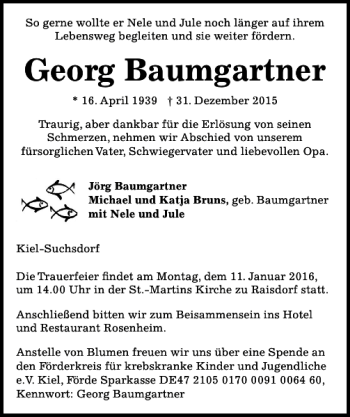 Traueranzeige von Georg Baumgartner von Kieler Nachrichten / Segeberger Zeitung