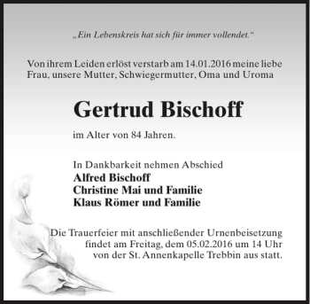 Traueranzeige von Gertrud Bischoff von MAZ-Trauer.de