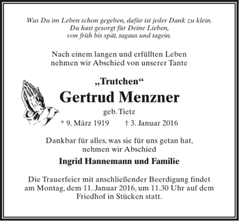 Traueranzeige von Gertrud Menzner von MAZ-Trauer.de
