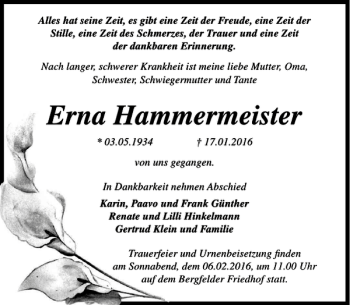 Traueranzeige von Hammermeister  von MAZ-Trauer.de