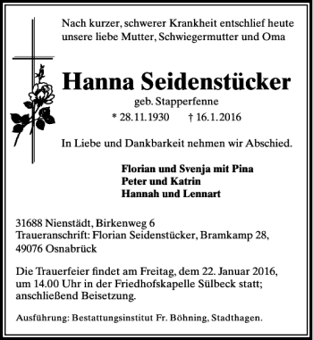 Traueranzeige von Hanna Seidenstücker von Schaumburger Nachrichten