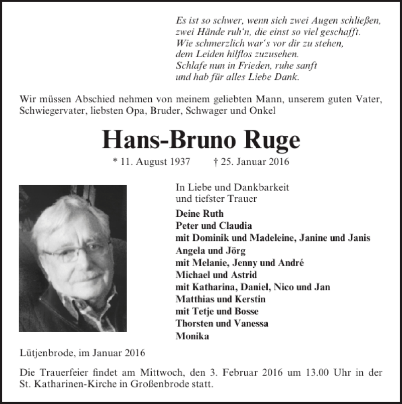 Traueranzeigen von HansBruno Ruge traueranzeigen.de