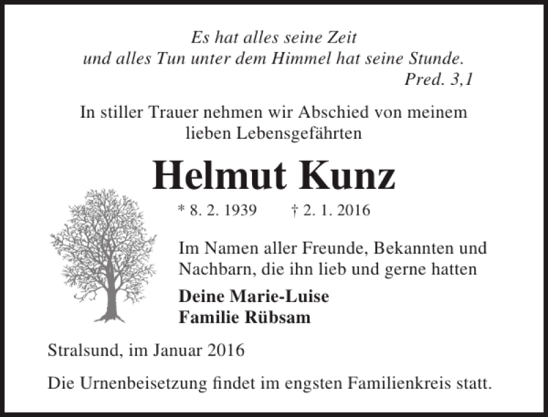 Traueranzeigen Von Helmut Kunz Trauer Anzeigen De