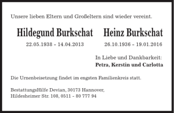 Traueranzeige von Hildegund Burkschat und Heinz Burkschat von HAZ/NP