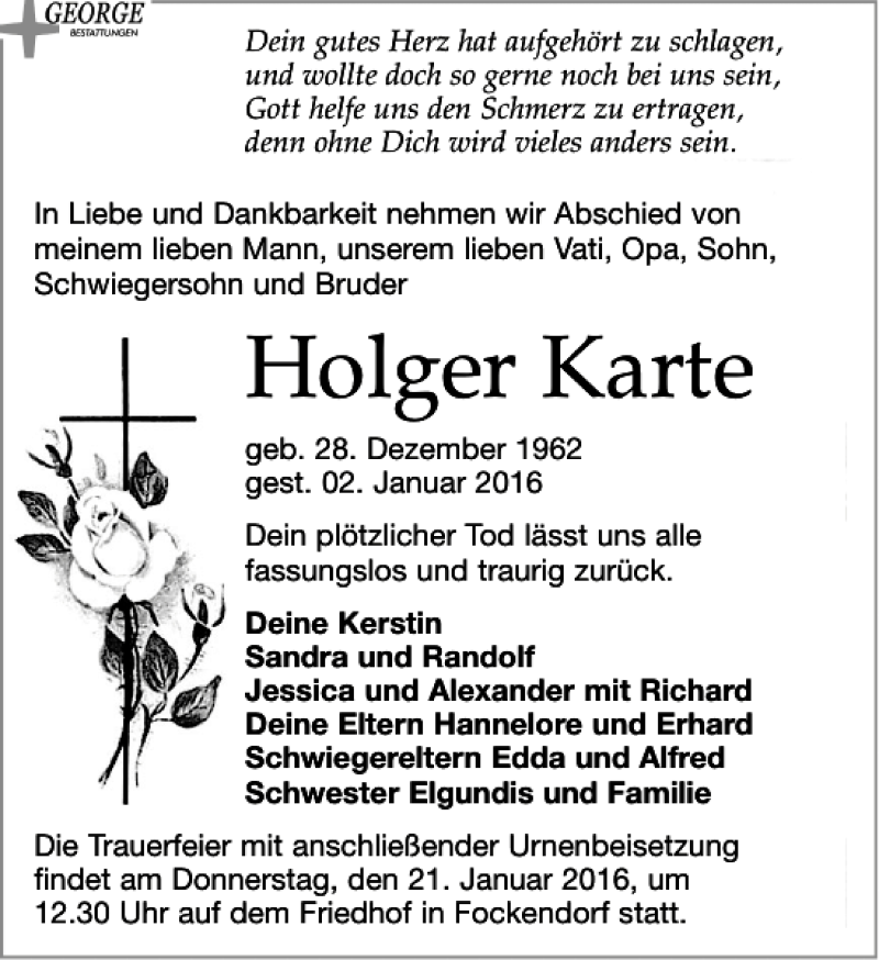  Traueranzeige für Holger Karte vom 16.01.2016 aus Leipziger Volkszeitung