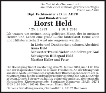 Traueranzeige von Horst Held von HAZ/NP